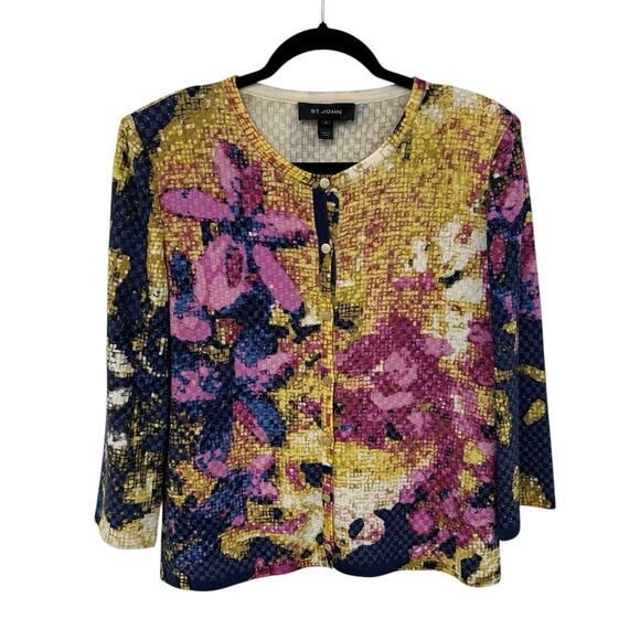 St. John Pink Yellow Floral Print Button Up Cardigan Sweater Womens Medium - Picture 1 of 5